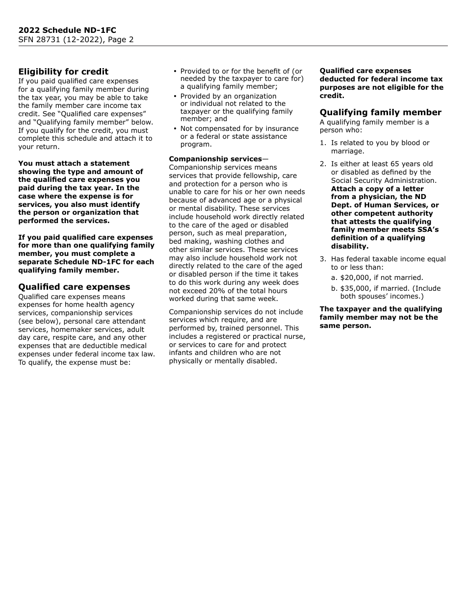 Form SFN28731 Schedule ND-1FC Family Member Care Tax Credit - North Dakota, Page 2