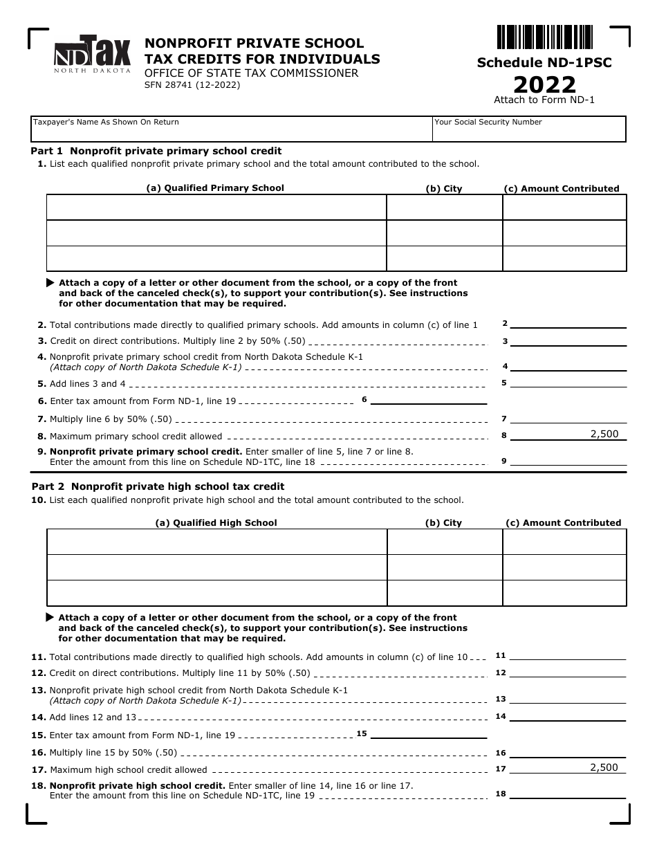 Form SFN28741 Schedule ND-1PSC Nonprofit Private School Tax Credits for Individuals - North Dakota, Page 1
