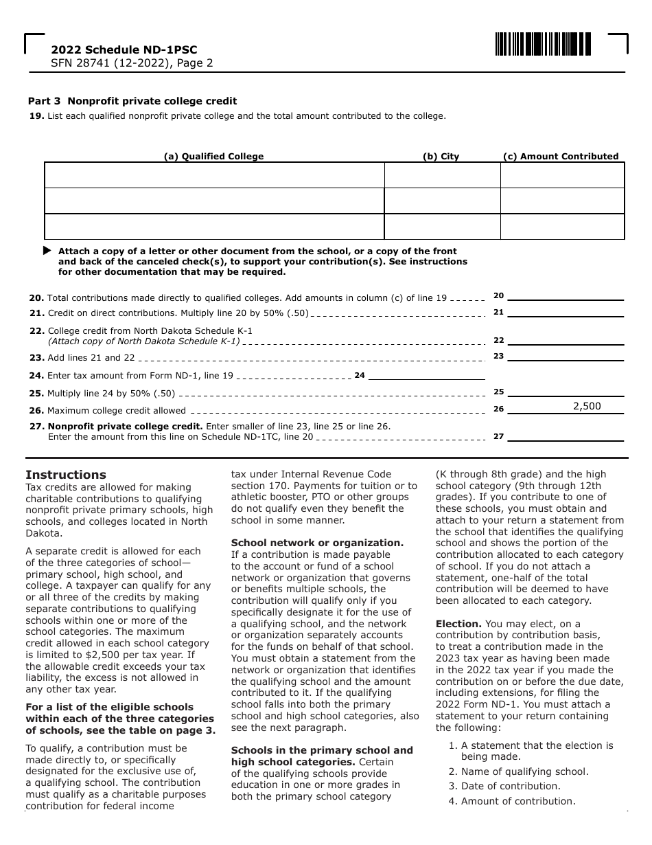 Form Sfn28741 Schedule Nd 1psc Download Fillable Pdf Or Fill Online Nonprofit Private School Tax 1147