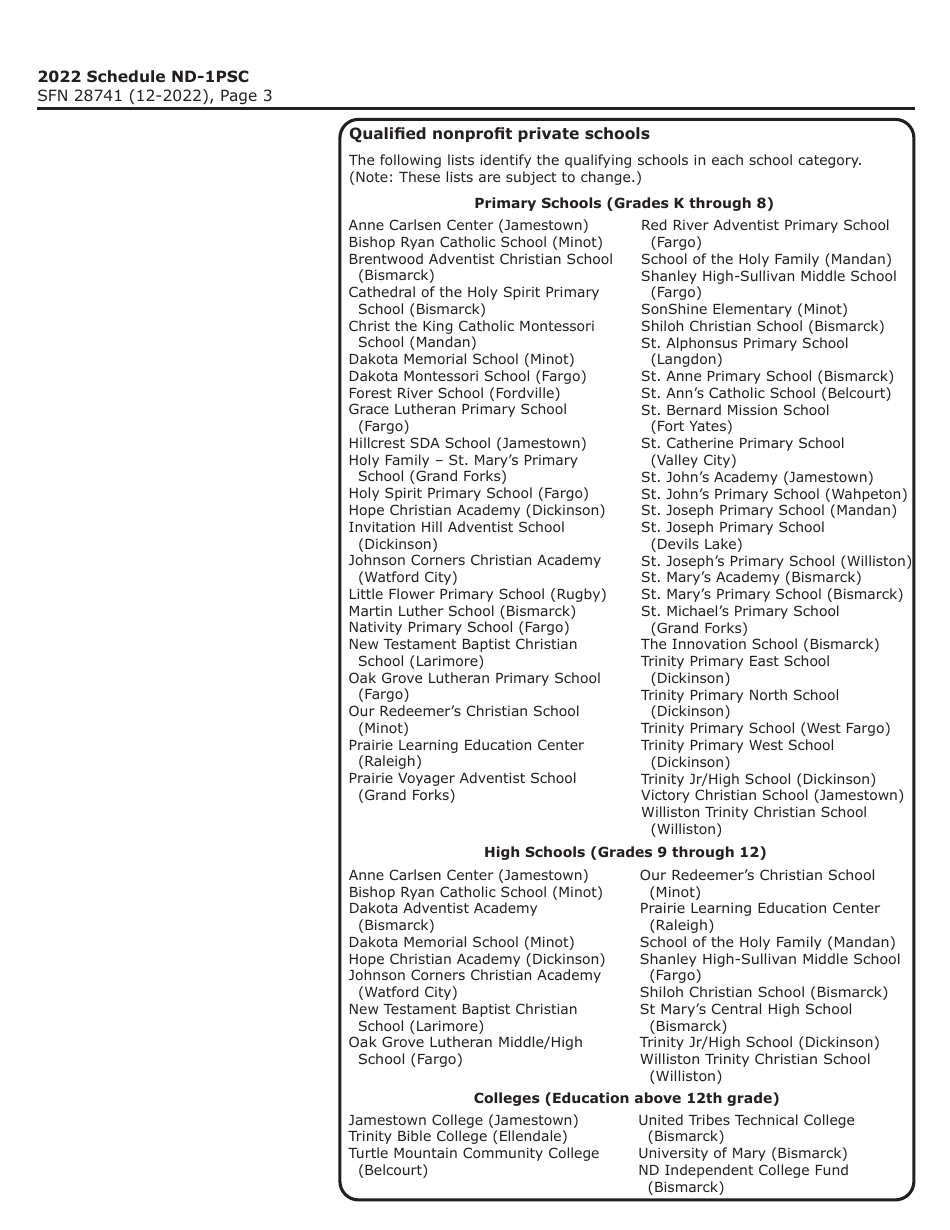 Form SFN28741 Schedule ND-1PSC Nonprofit Private School Tax Credits for Individuals - North Dakota, Page 3
