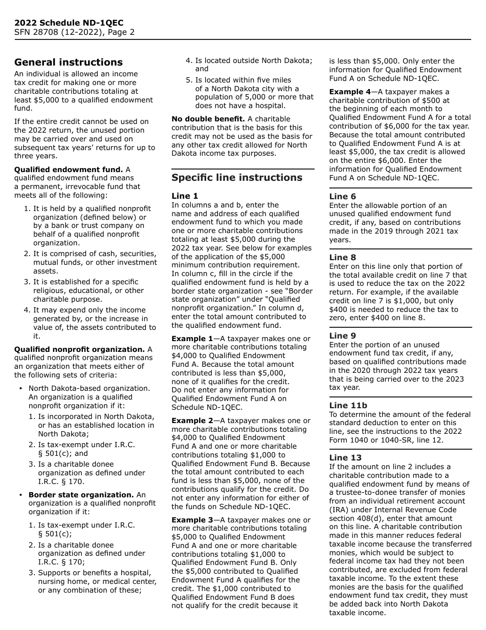 Form SFN28708 Schedule ND-1QEC Qualified Endowment Fund Tax Credit - North Dakota, Page 2