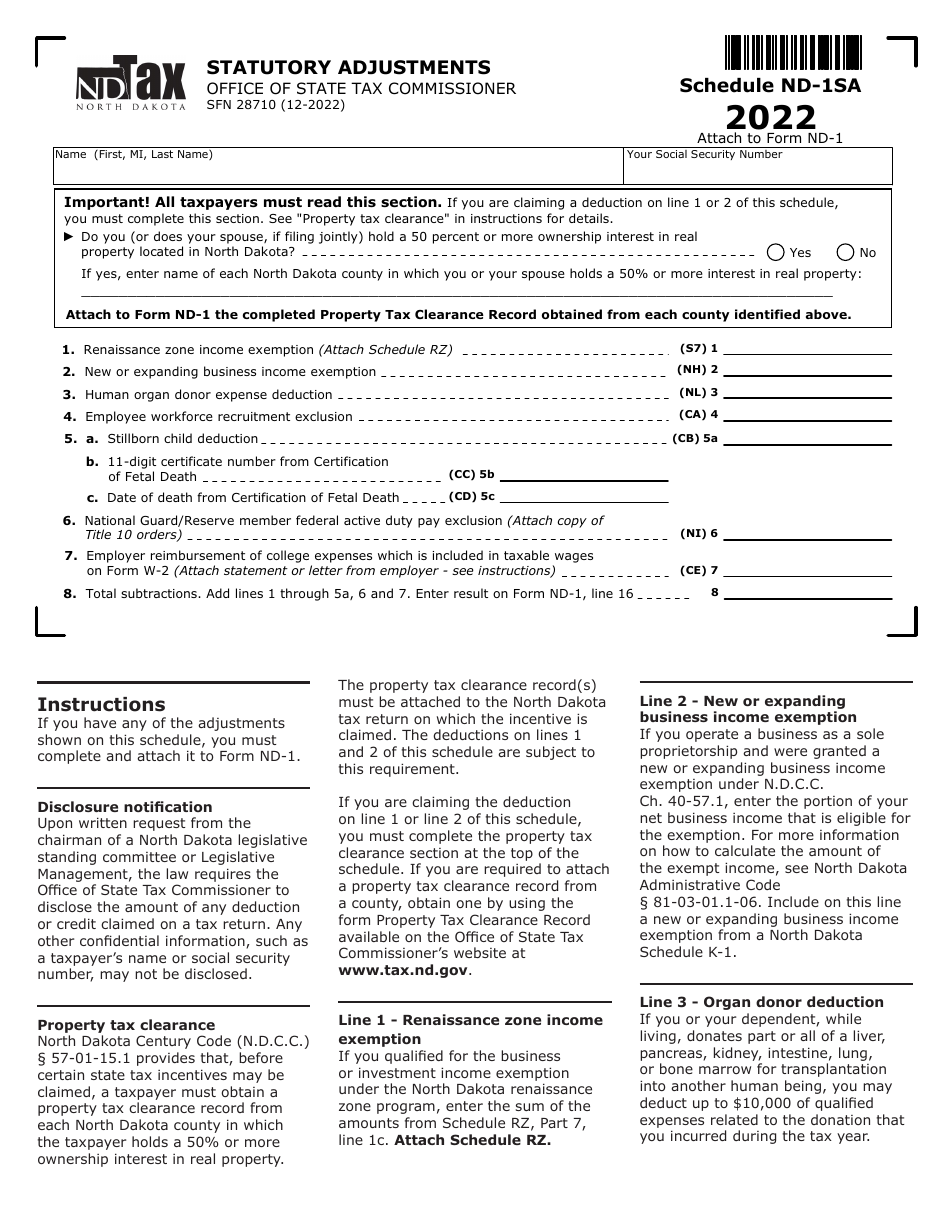 Form SFN28710 Schedule ND-1SA Statutory Adjustments - North Dakota, Page 1