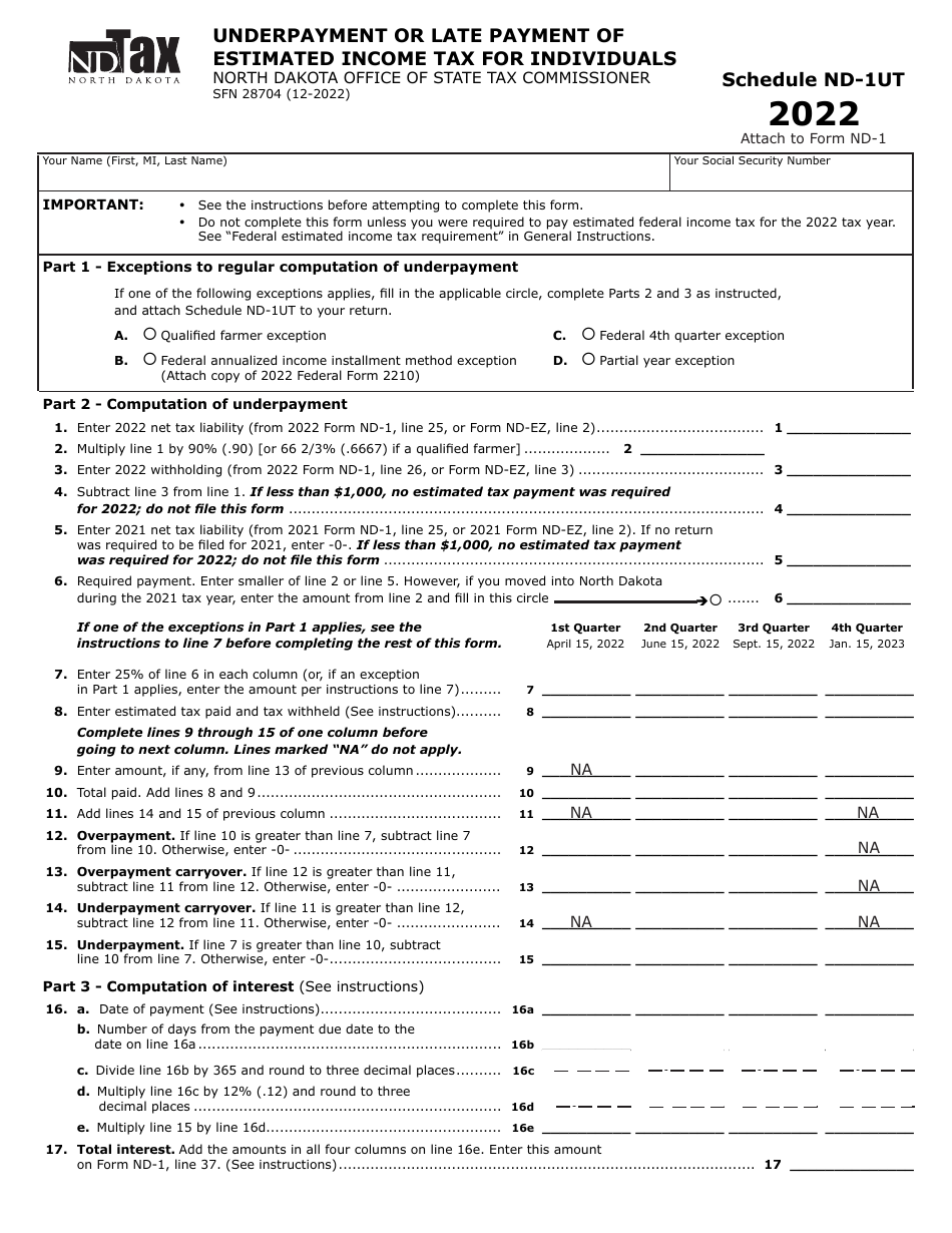 Form SFN28704 Schedule ND-1UT Underpayment or Late Payment of Estimated Income Tax for Individuals - North Dakota, Page 1