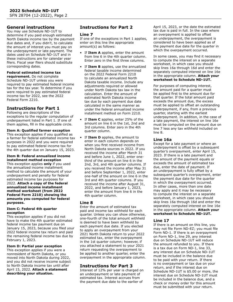 Form SFN28704 Schedule ND-1UT Underpayment or Late Payment of Estimated Income Tax for Individuals - North Dakota, Page 2