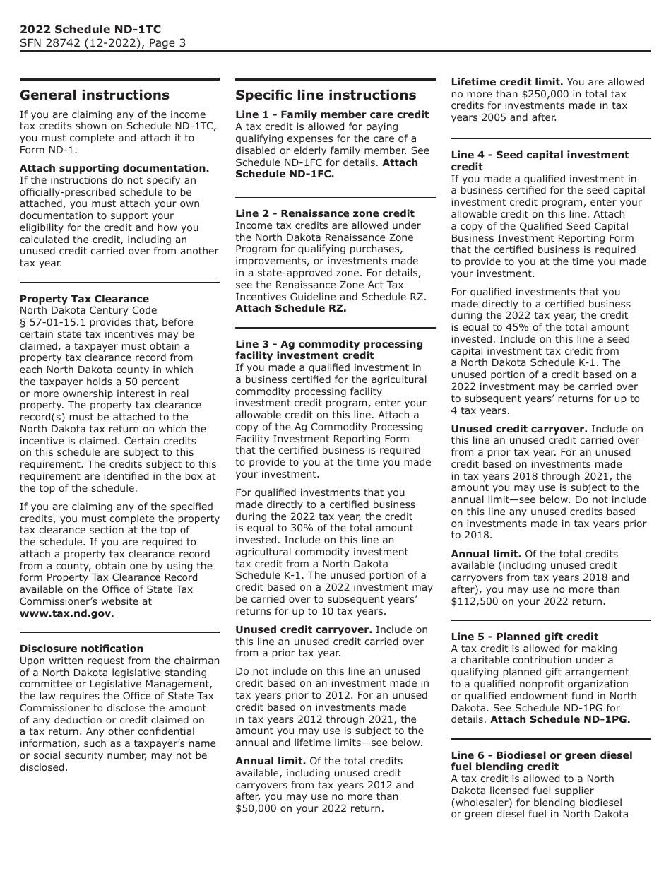 Form SFN28742 Schedule ND-1TC Tax Credits - North Dakota, Page 3