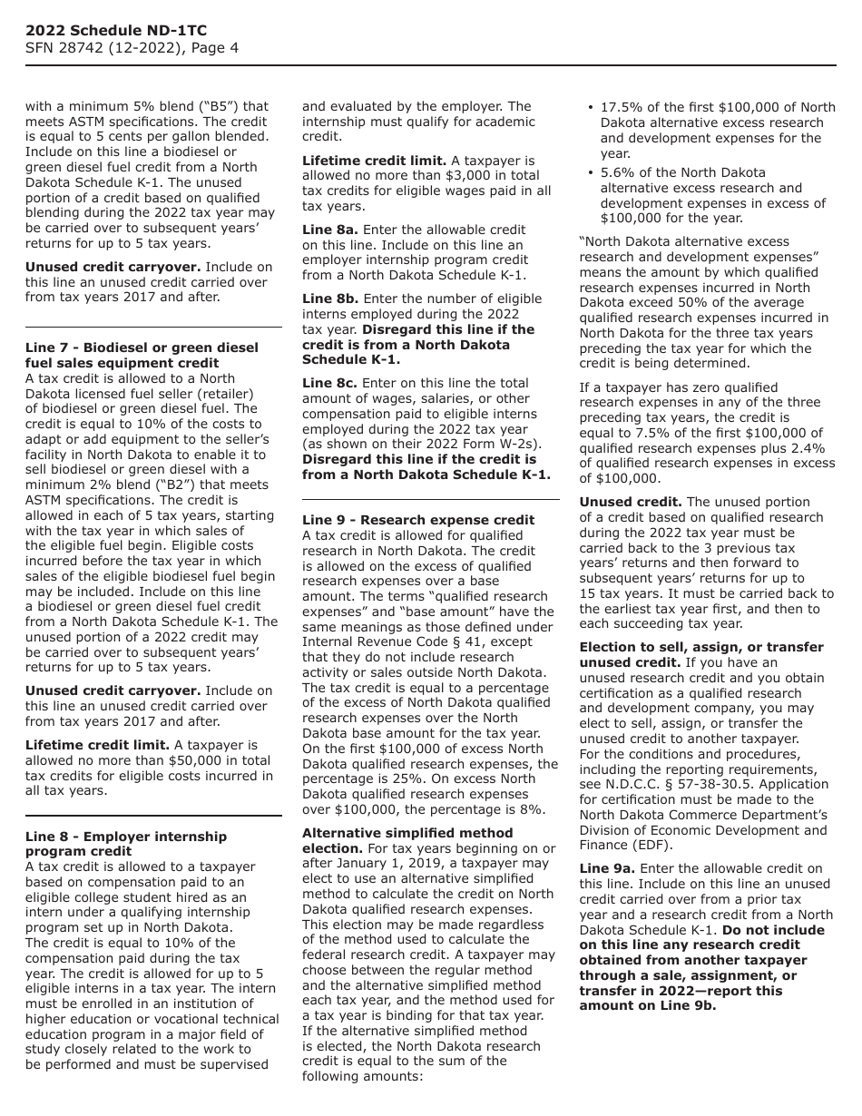 Form SFN28742 Schedule ND-1TC Tax Credits - North Dakota, Page 4