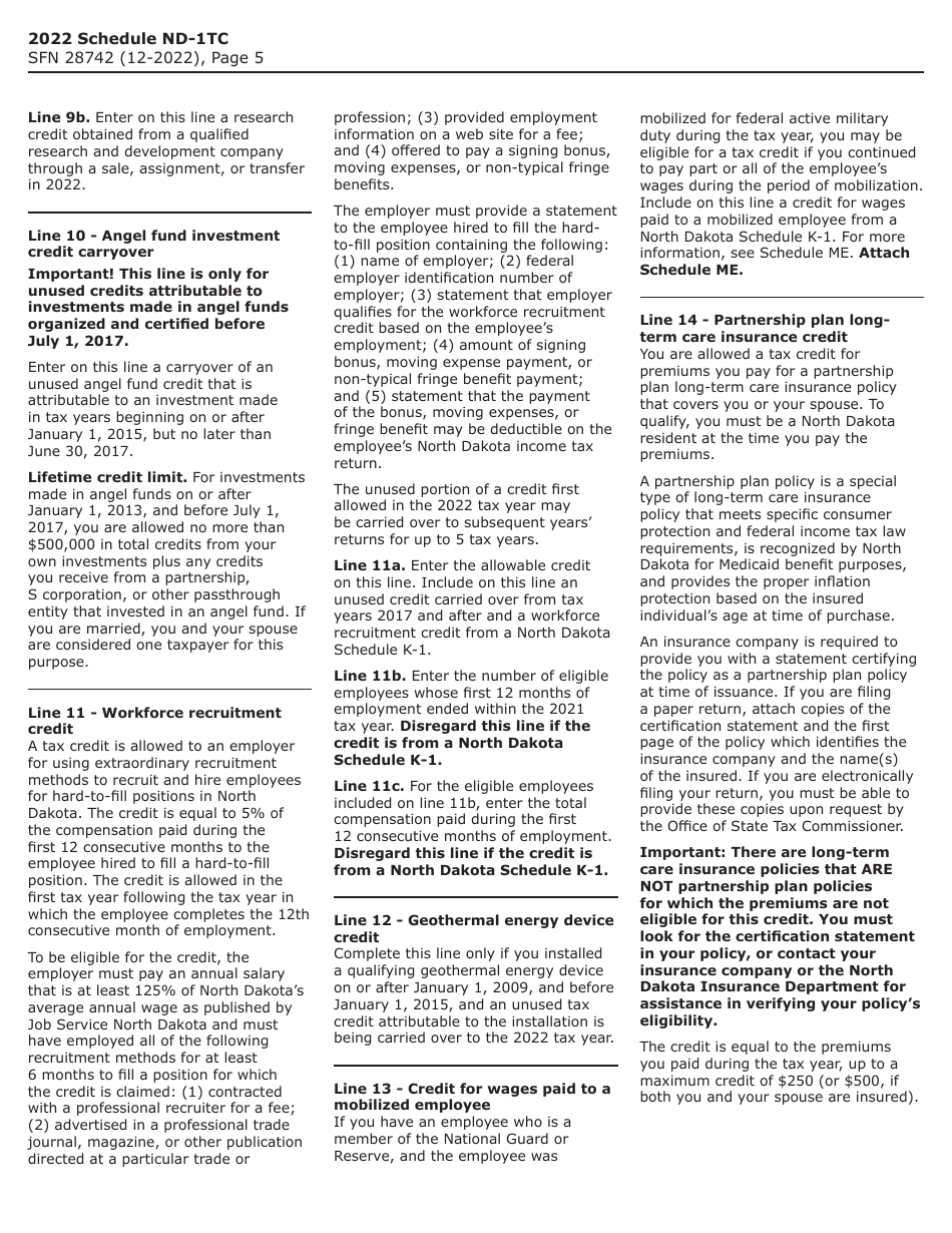 Form SFN28742 Schedule ND-1TC Tax Credits - North Dakota, Page 5