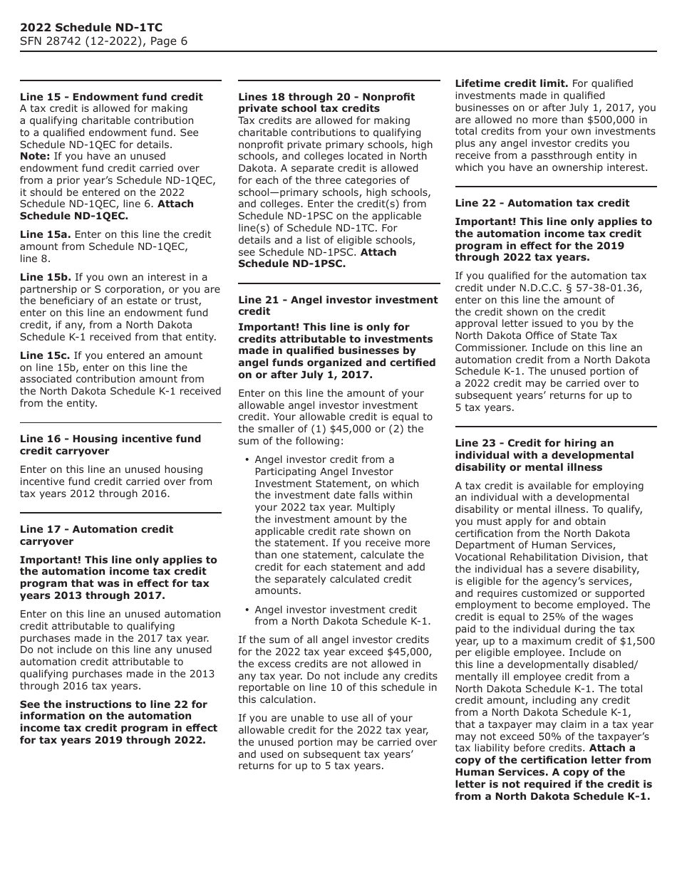 Form SFN28742 Schedule ND-1TC Tax Credits - North Dakota, Page 6