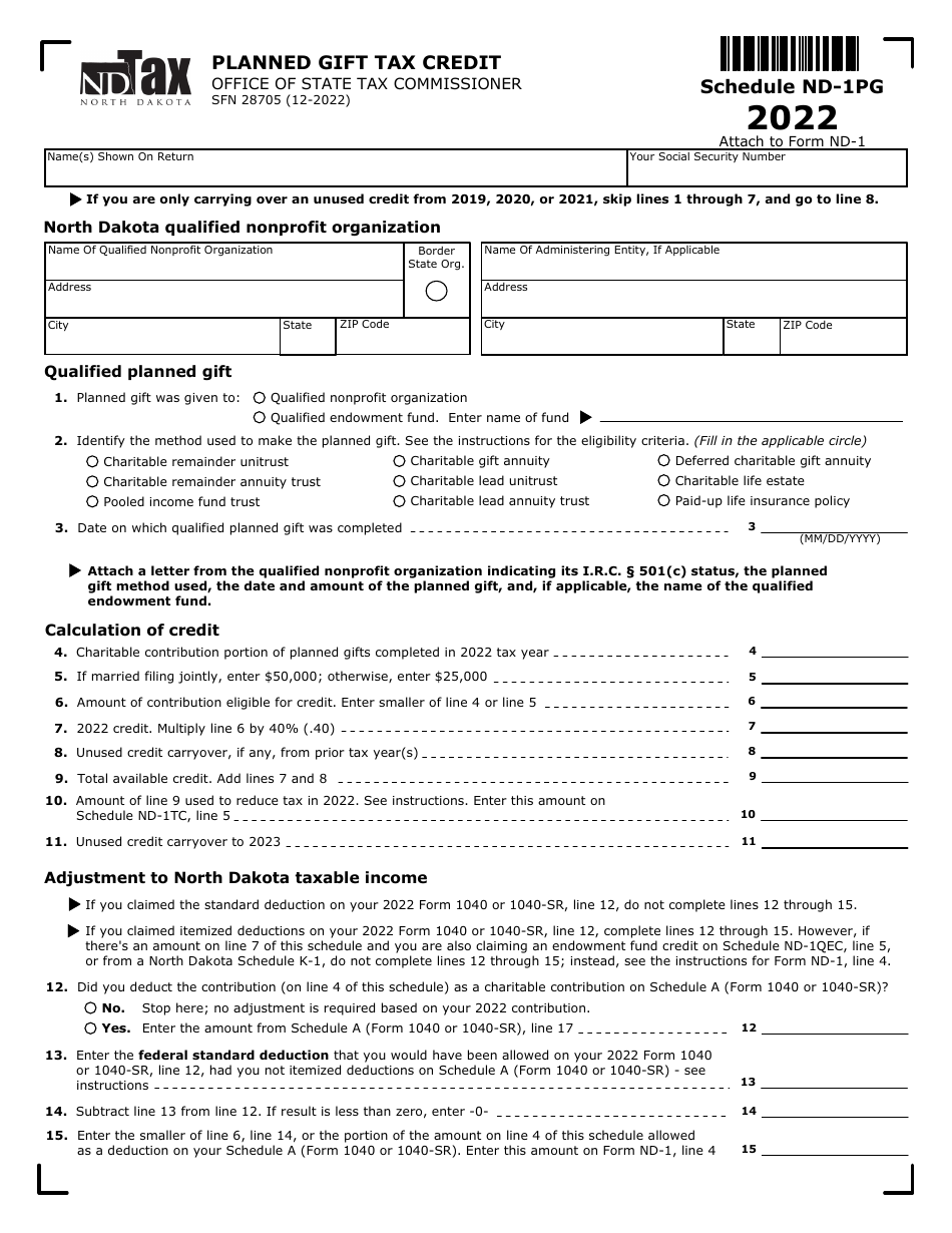 Form SFN28705 Schedule ND-1PG Planned Gift Tax Credit - North Dakota, Page 1