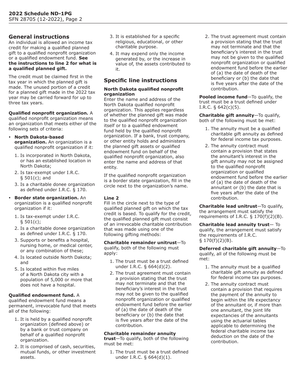 Form SFN28705 Schedule ND-1PG Planned Gift Tax Credit - North Dakota, Page 2