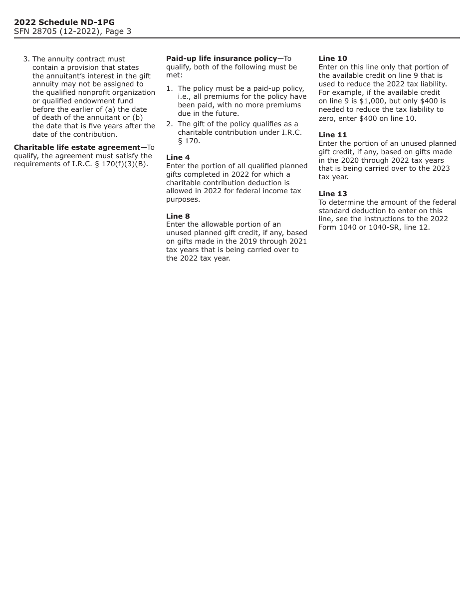 Form SFN28705 Schedule ND-1PG Planned Gift Tax Credit - North Dakota, Page 3