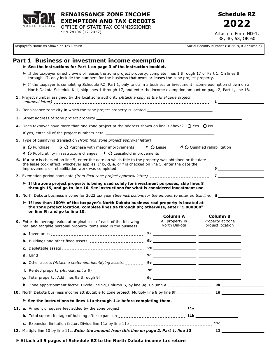 Form SFN28706 Schedule RZ Renaissance Zone Income Exemption and Tax Credits - North Dakota, Page 1