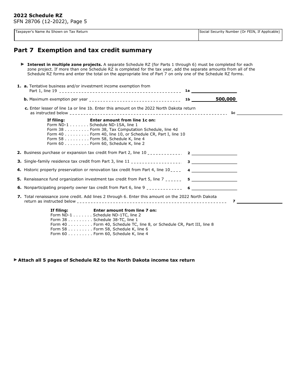 Form SFN28706 Schedule RZ Renaissance Zone Income Exemption and Tax Credits - North Dakota, Page 5