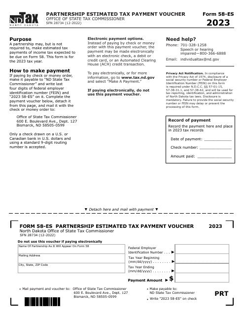 Form 58-ES (SFN28734) Partnership Estimated Tax Payment Voucher - North Dakota, 2023