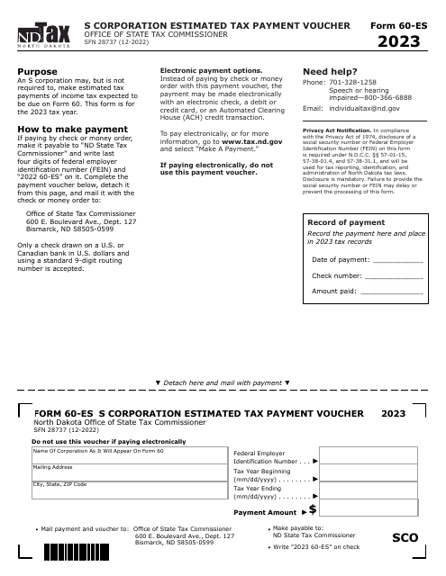 Form 60-ES (SFN28737) S Corporation Estimated Tax Payment Voucher - North Dakota, 2023