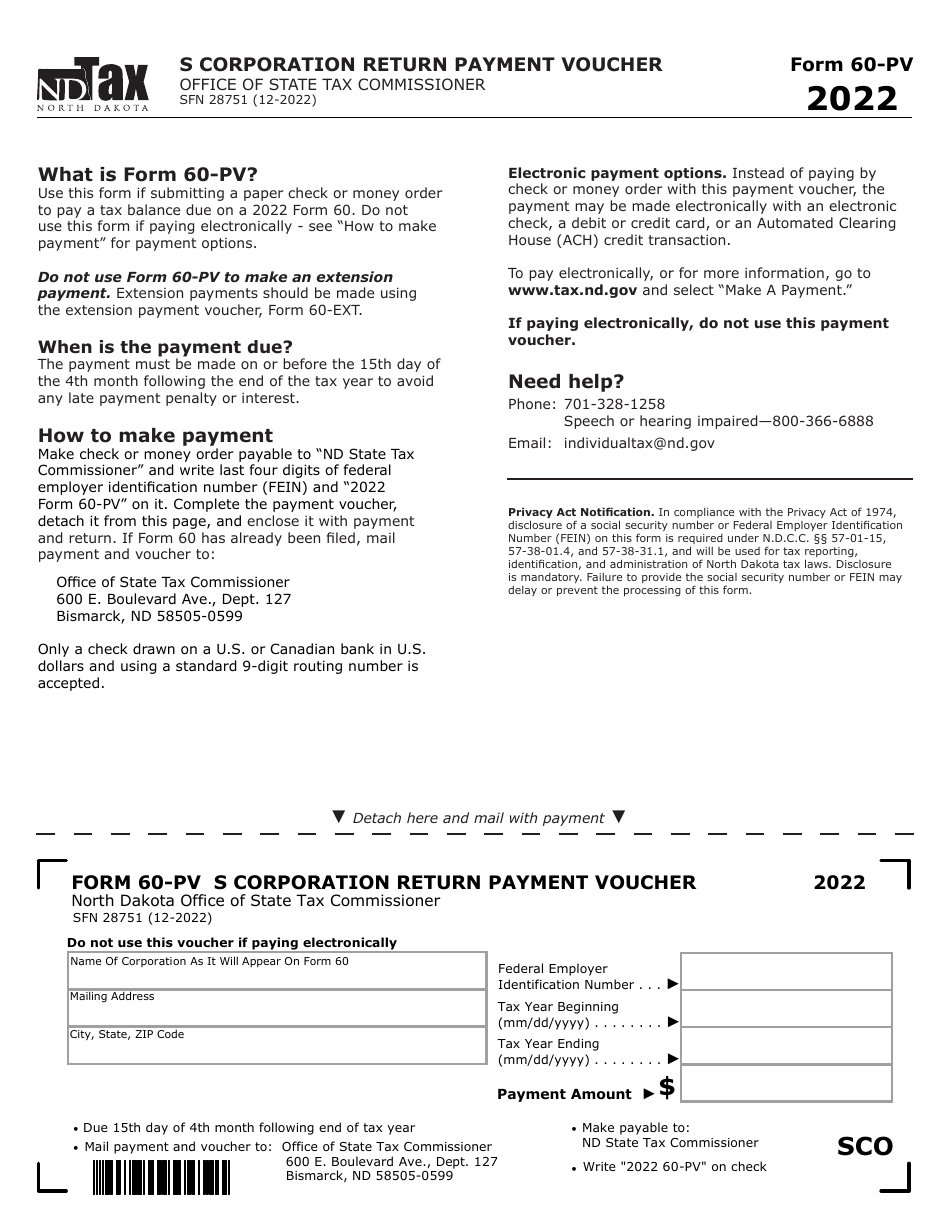 Form 60-PV (SFN28751) S Corporation Return Payment Voucher - North Dakota, Page 1