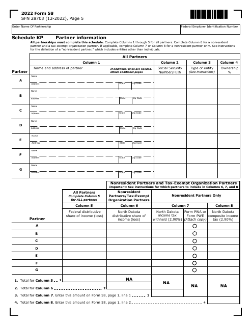 Form 58 (SFN28703) Schedule KP Partner Information - North Dakota, 2022