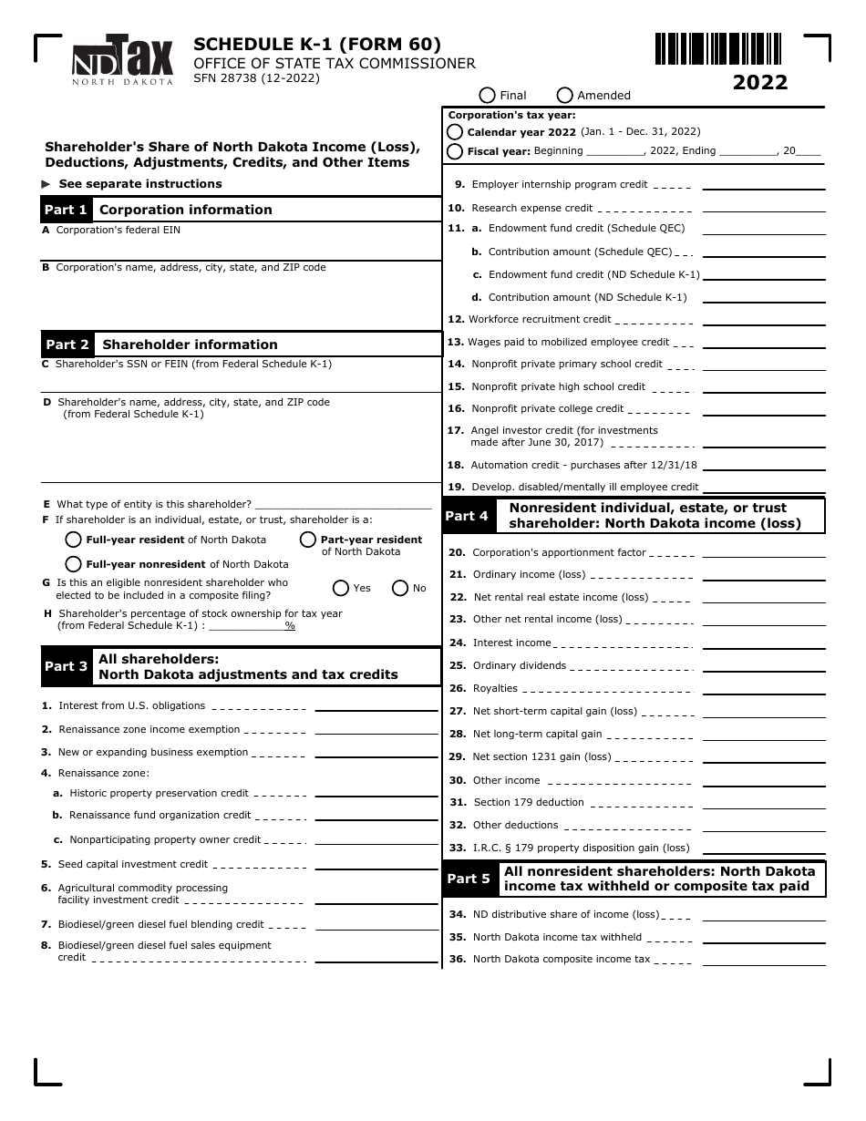 2020 — 2024 Form 60 (SFN28738) Schedule K1 Download Fillable PDF or