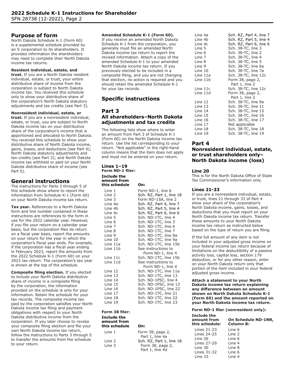 Form 60 (SFN28738) Schedule K-1 Shareholders Share of North Dakota Income (Loss), Deductions, Adjustments, Credits, and Other Items - North Dakota, Page 2