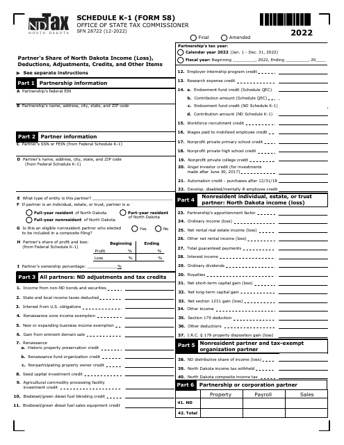 Form 58 (SFN28722) Schedule K-1 2022 Printable Pdf