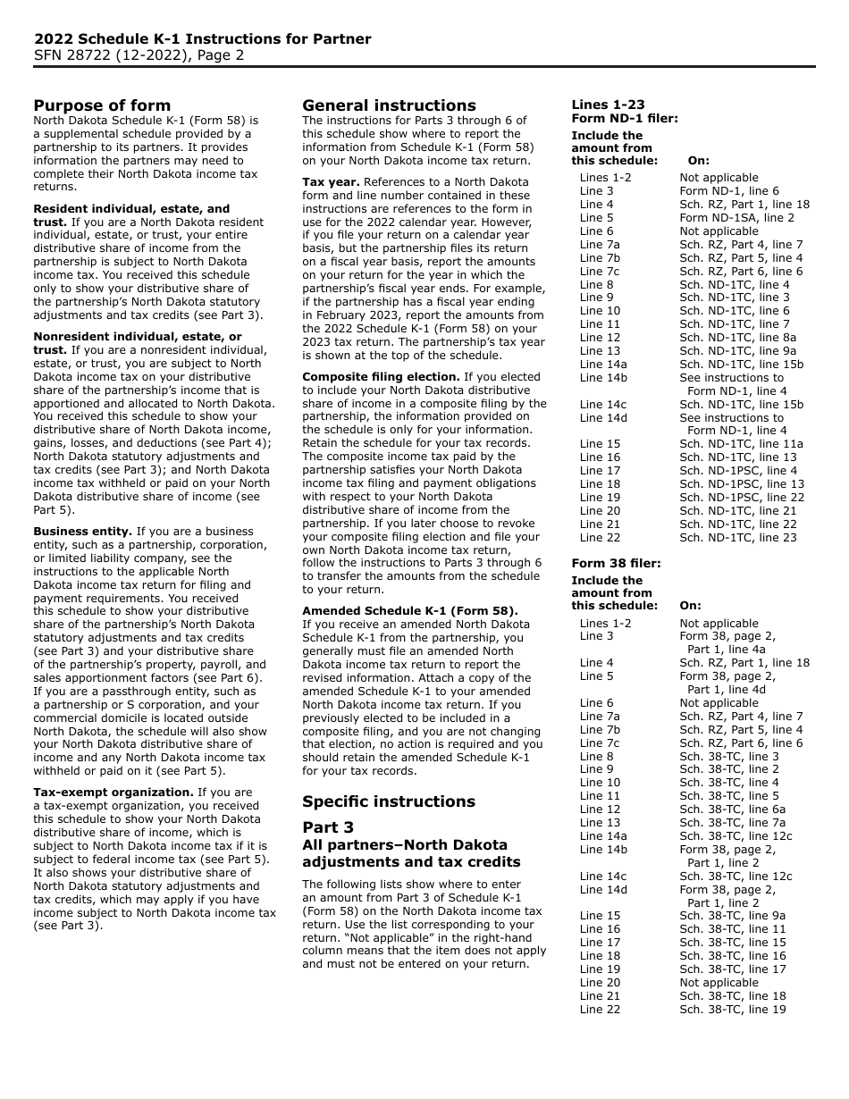 Form 58 (SFN28722) Schedule K-1 Partners Share of North Dakota Income (Loss), Deductions, Adjustments, Credits, and Other Items - North Dakota, Page 2