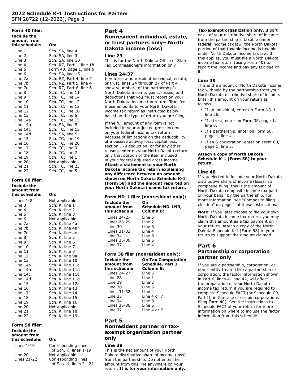 Form 58 (SFN28722) Schedule K-1 Partners Share of North Dakota Income (Loss), Deductions, Adjustments, Credits, and Other Items - North Dakota, Page 3