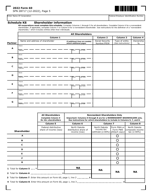 Form 60 (SFN28717) Schedule KS Shareholder Information - North Dakota, 2022