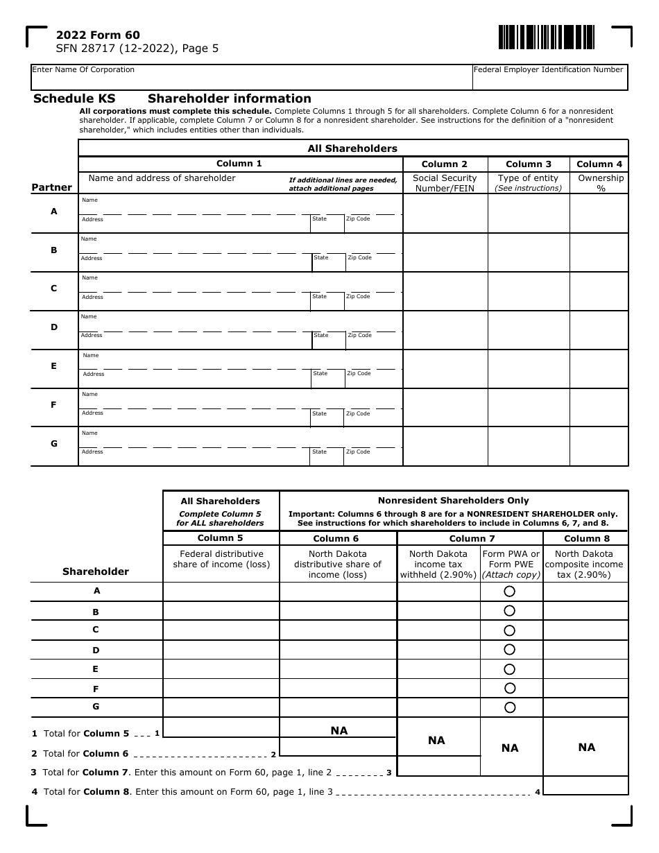 Form 60 (SFN28717) Schedule KS Shareholder Information - North Dakota, Page 1