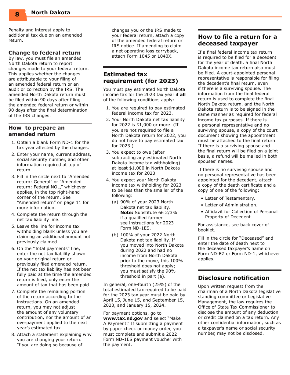 Instructions for Form ND-EZ, SFN28745, ND-1, SFN28702 - North Dakota, Page 10