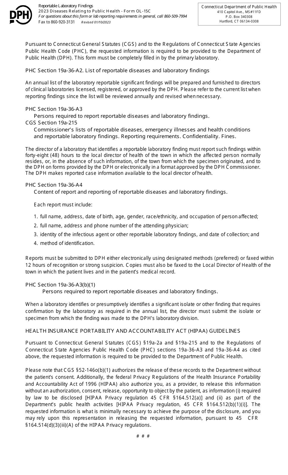 Form OL-15C Diseases Relating to Public Health - Connecticut, Page 2