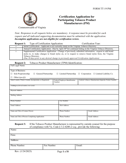 Form TT-19 PM Certification Application for Participating Tobacco Product Manufacturers (Pm) - Virginia