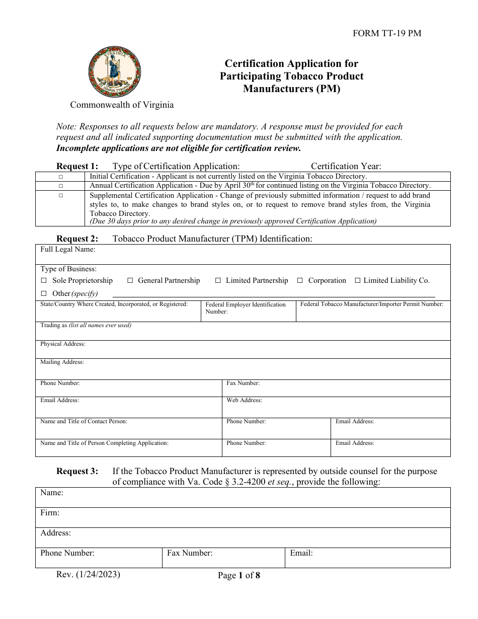 Form TT-19 PM Certification Application for Participating Tobacco Product Manufacturers (Pm) - Virginia, Page 1