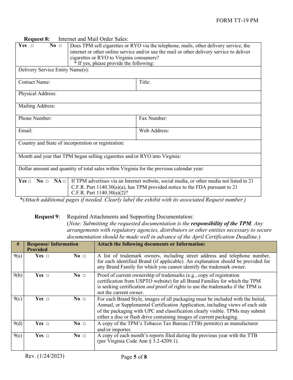 Form TT-19 PM Certification Application for Participating Tobacco Product Manufacturers (Pm) - Virginia, Page 5