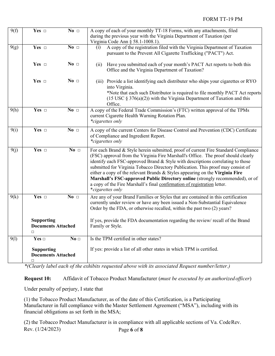 Form TT-19 PM Certification Application for Participating Tobacco Product Manufacturers (Pm) - Virginia, Page 6