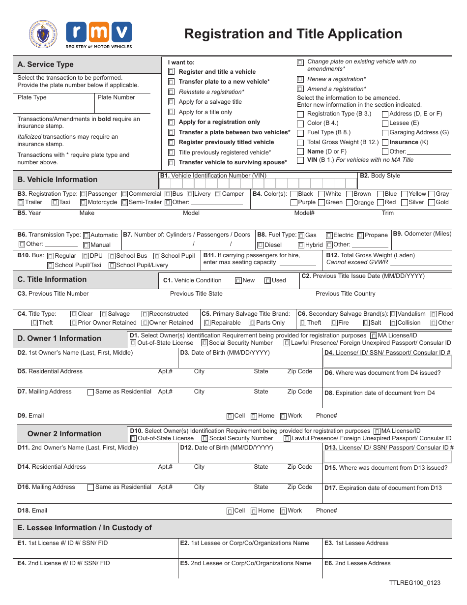 Form TTLREG100 Registration and Title Application - Massachusetts, Page 1