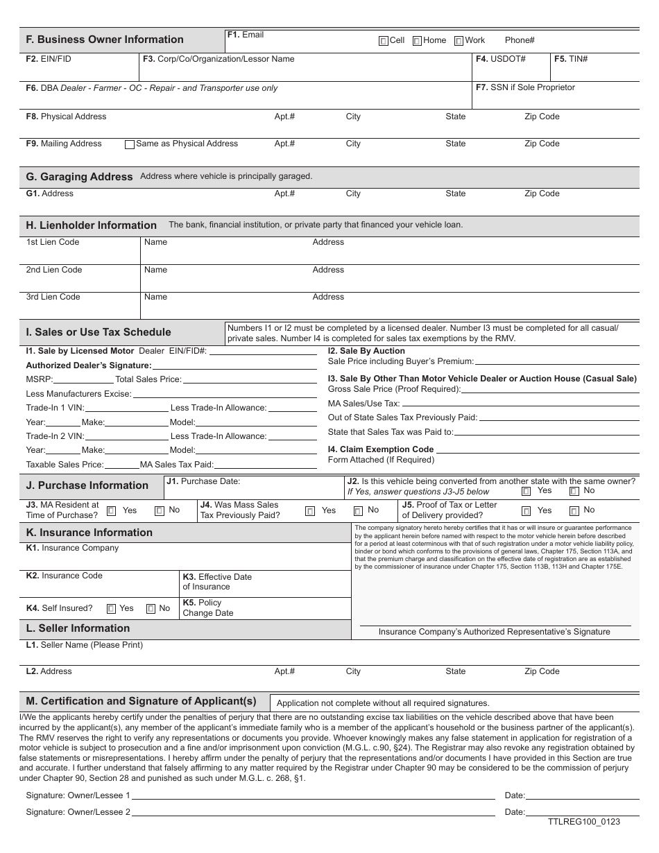 Form TTLREG100 Registration and Title Application - Massachusetts, Page 2