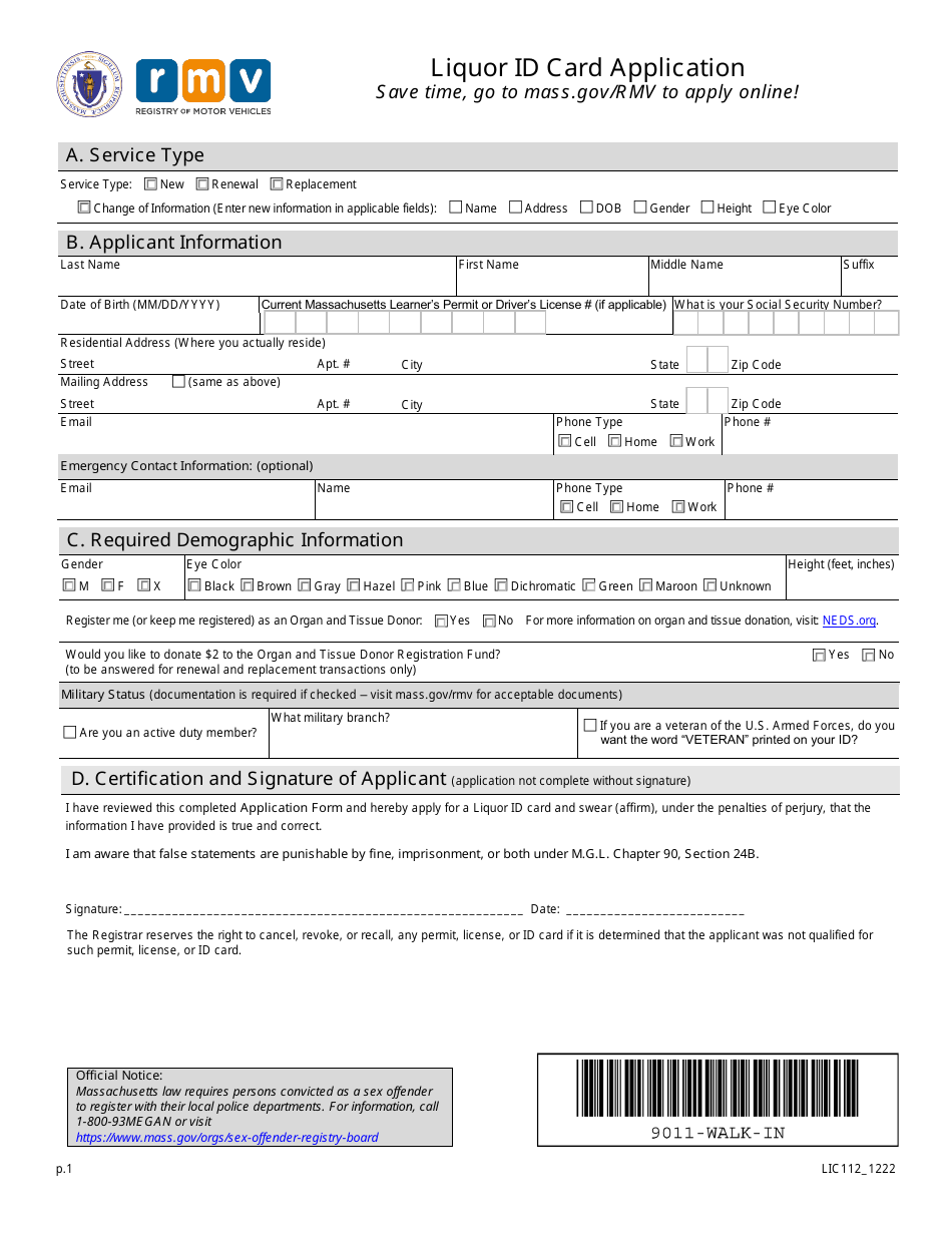 Form LIC112 Liquor Id Card Application - Massachusetts, Page 1