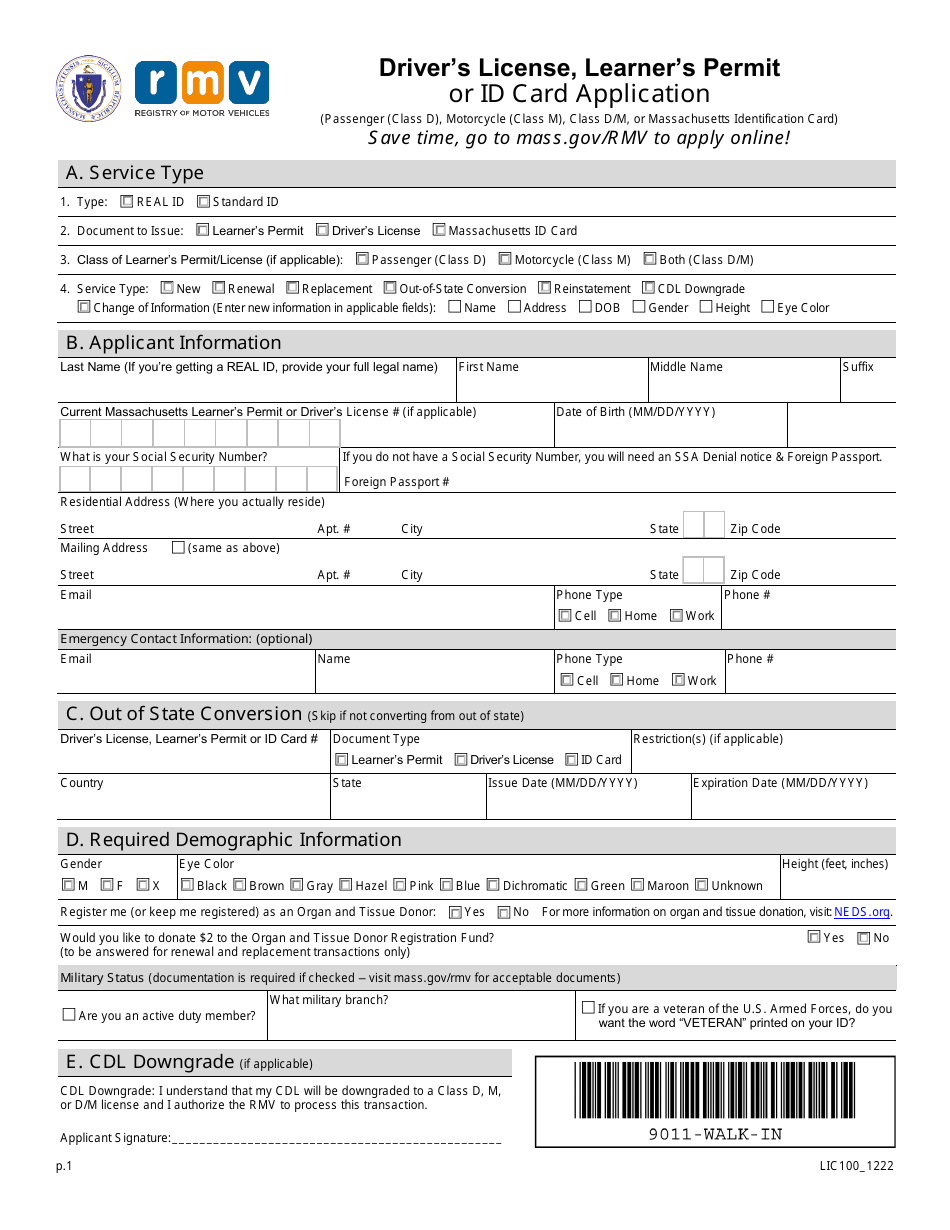 Form LIC100 Drivers License, Learners Permit or Id Card Application - Massachusetts, Page 1