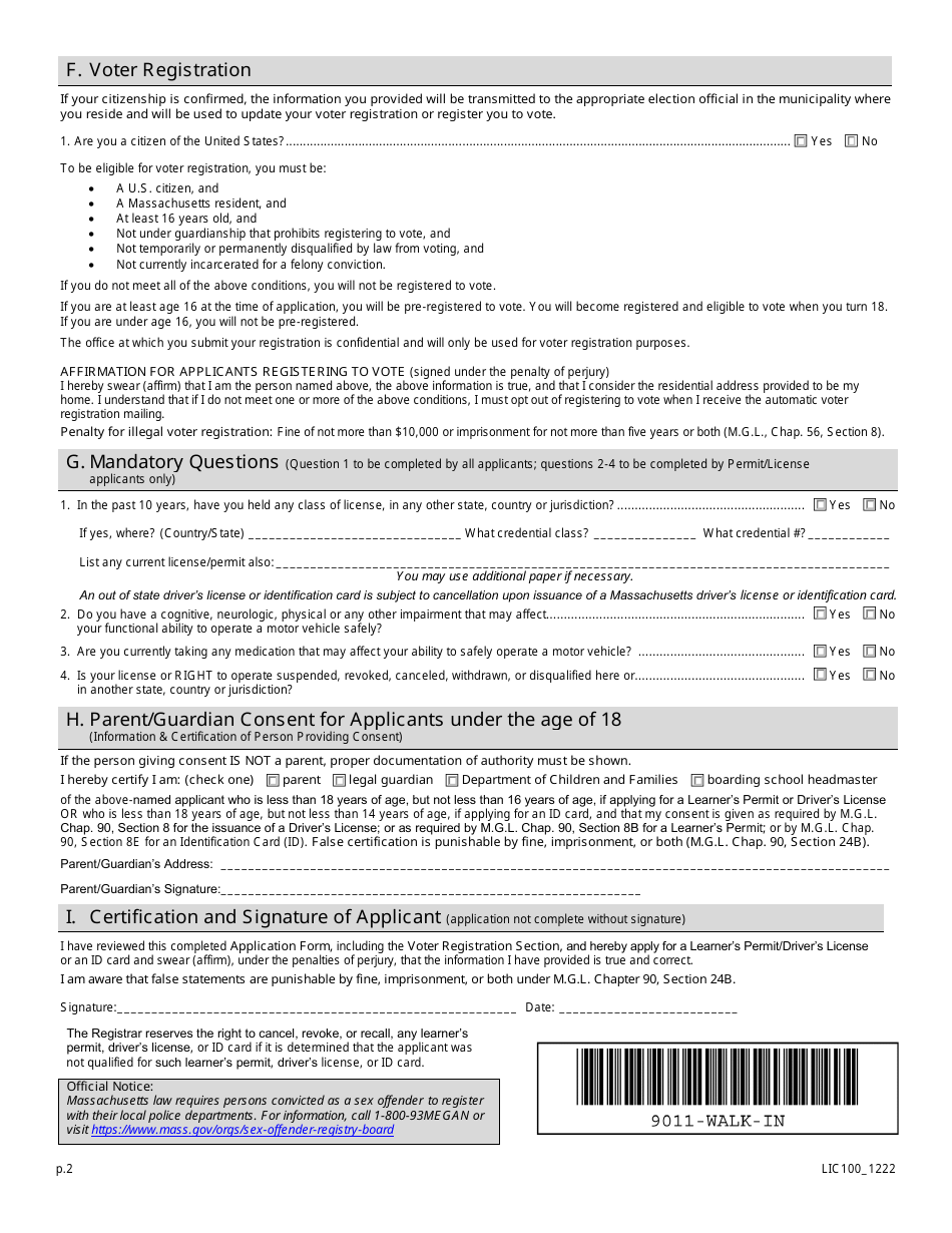 Form LIC100 Drivers License, Learners Permit or Id Card Application - Massachusetts, Page 2
