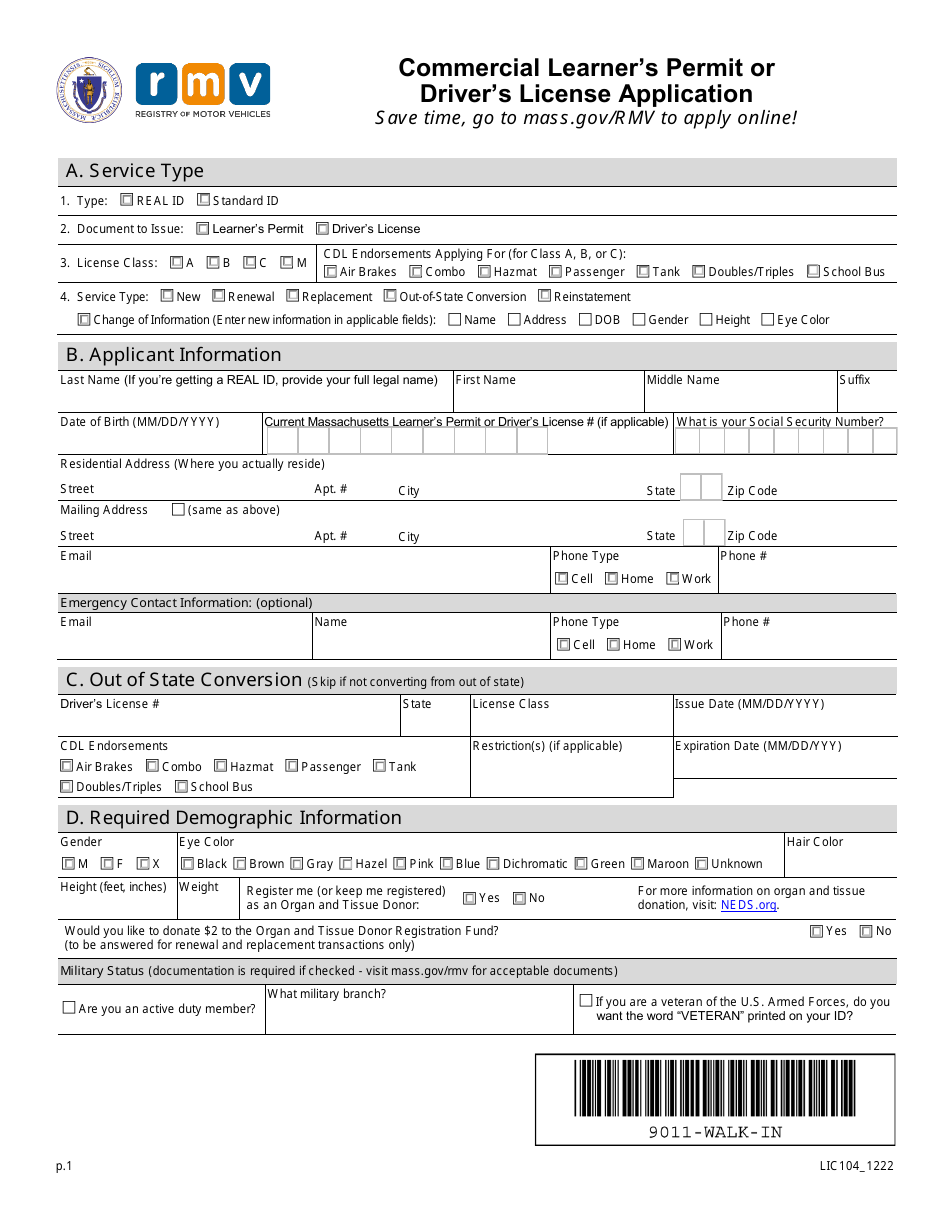 Form LIC104 Commercial Learners Permit or Drivers License Application - Massachusetts, Page 1