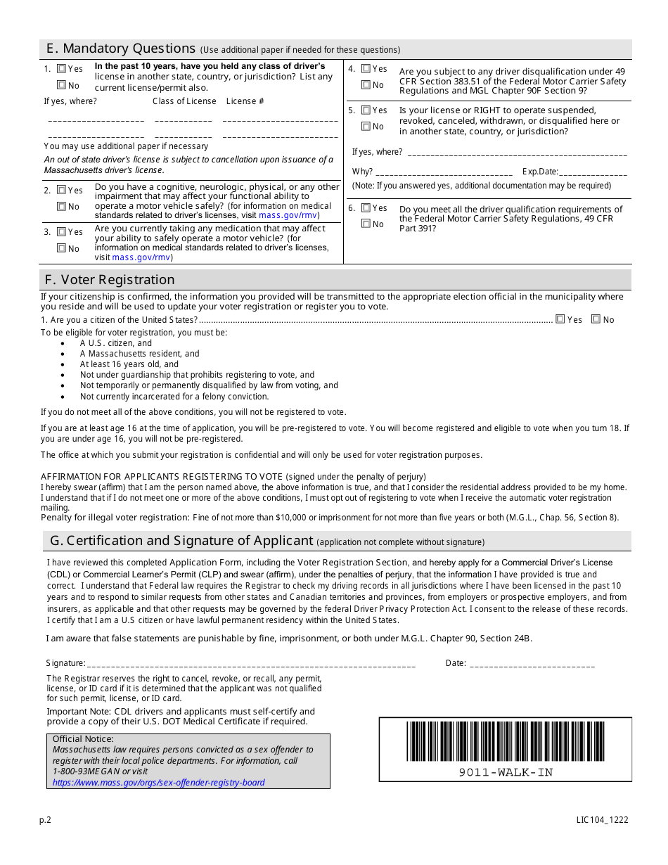 Form LIC104 Commercial Learners Permit or Drivers License Application - Massachusetts, Page 2