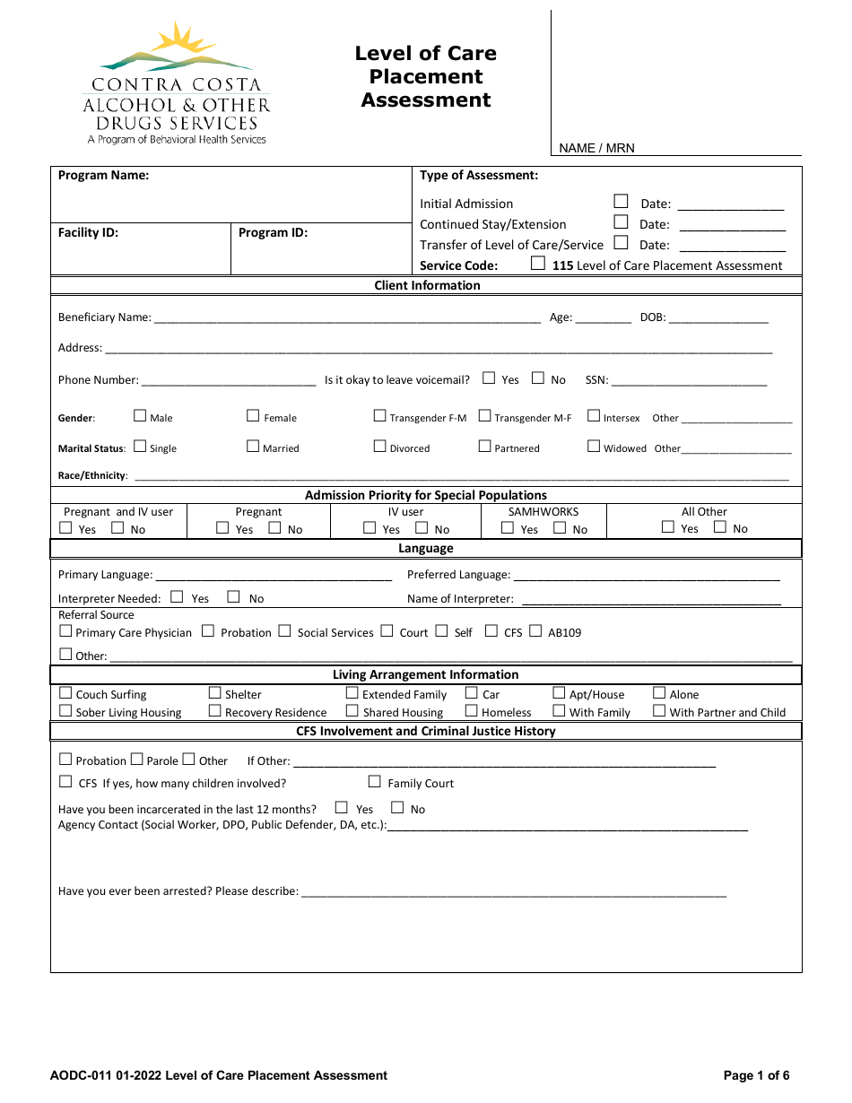 Form AODC-011 Level of Care Placement Assessment - Contra Costa County, California, Page 1