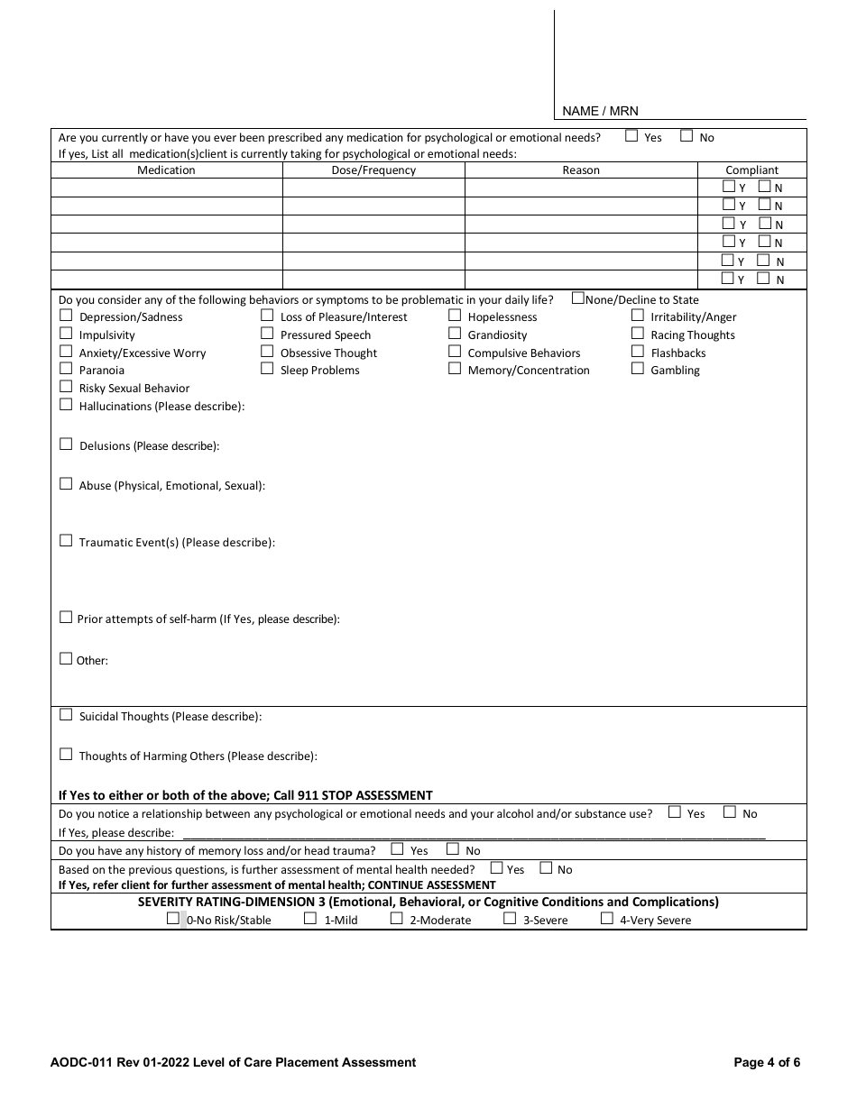 Form AODC-011 Level of Care Placement Assessment - Contra Costa County, California, Page 4