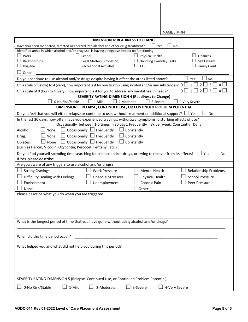 Form AODC-011 Level of Care Placement Assessment - Contra Costa County, California, Page 5