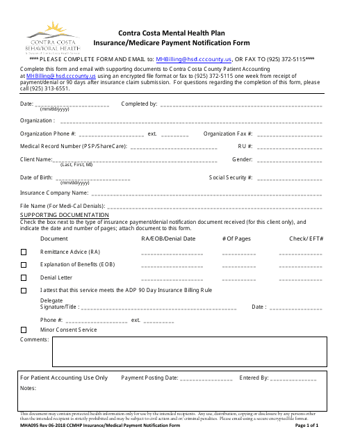 Form MHA095 Insurance/Medicare Payment Notification Form - Contra Costa County, California