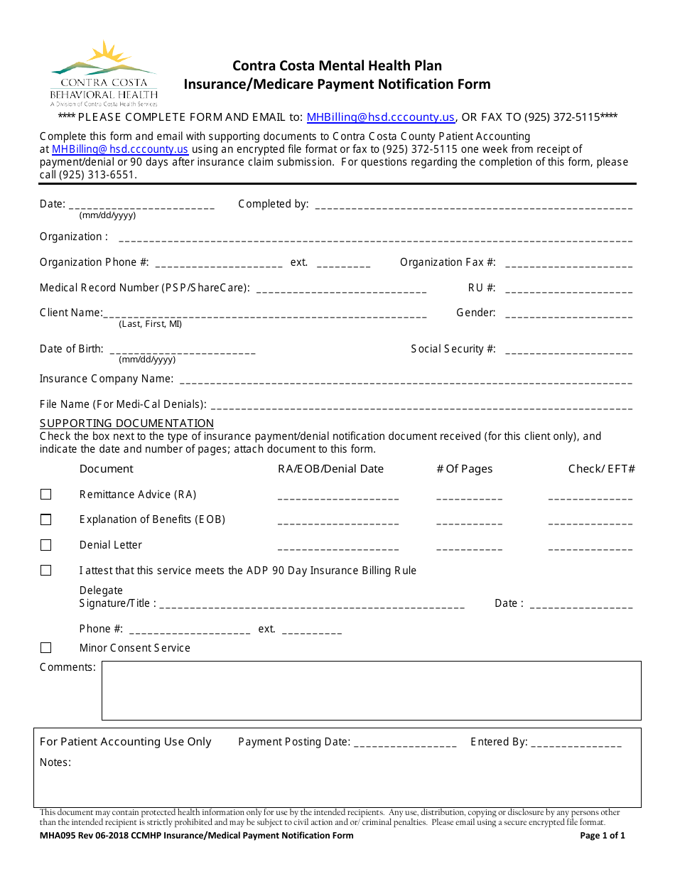 Form MHA095 Insurance / Medicare Payment Notification Form - Contra Costa County, California, Page 1