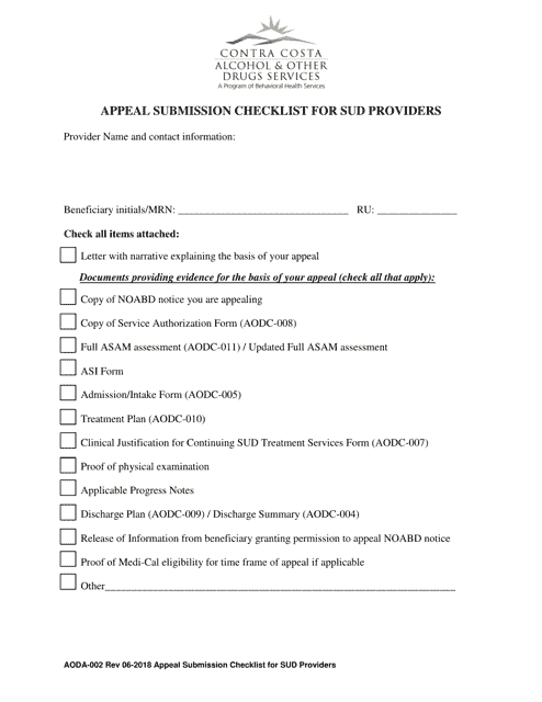 Form AODA-002 Appeal Submission Checklist for Sud Providers - Contra Costa County, California