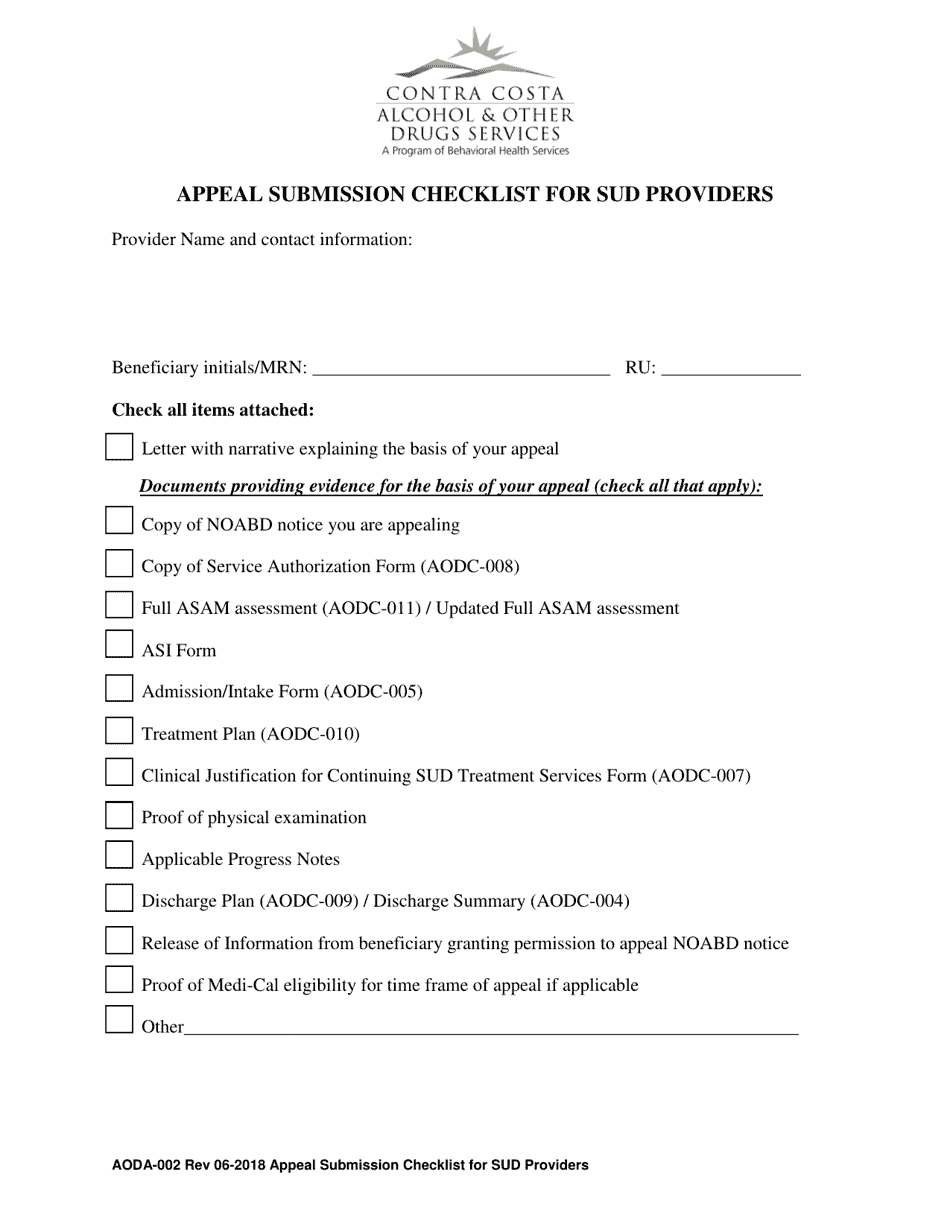 Form AODA-002 Appeal Submission Checklist for Sud Providers - Contra Costa County, California, Page 1