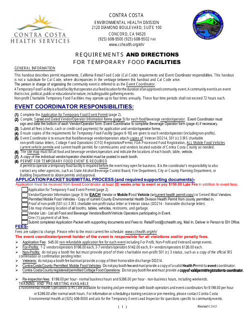 Application for Temporary Food Event Permit - Contra Costa County, California Download Pdf