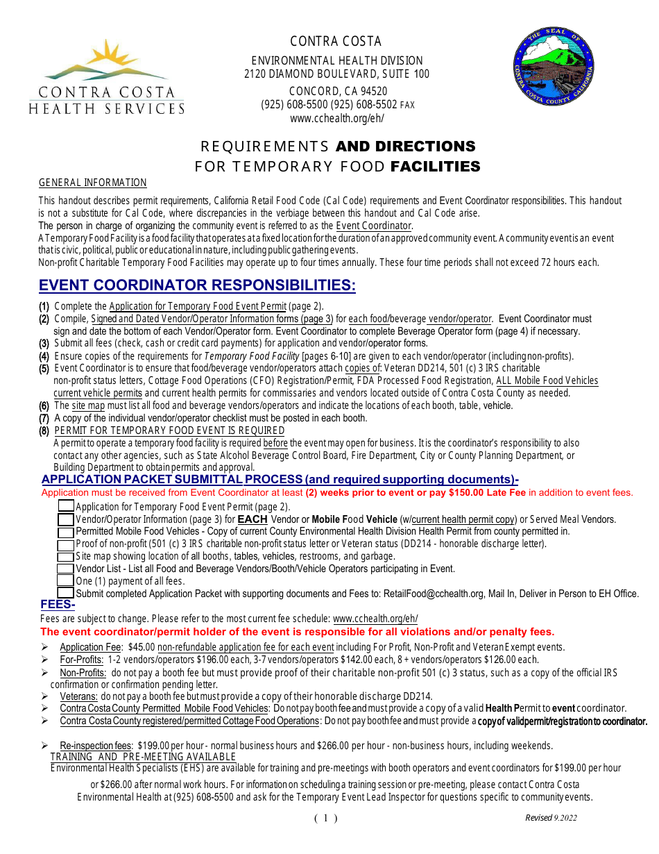 Contra Costa County, California Application for Temporary Food Event Permit Fill Out, Sign